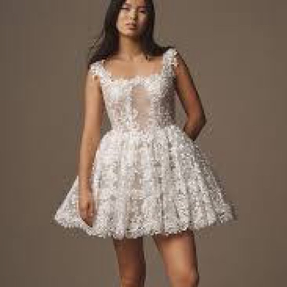BHLDN Lace Square-Neck A-Line Hoop-Skirt Mini Dress in Ivory nwts size 0